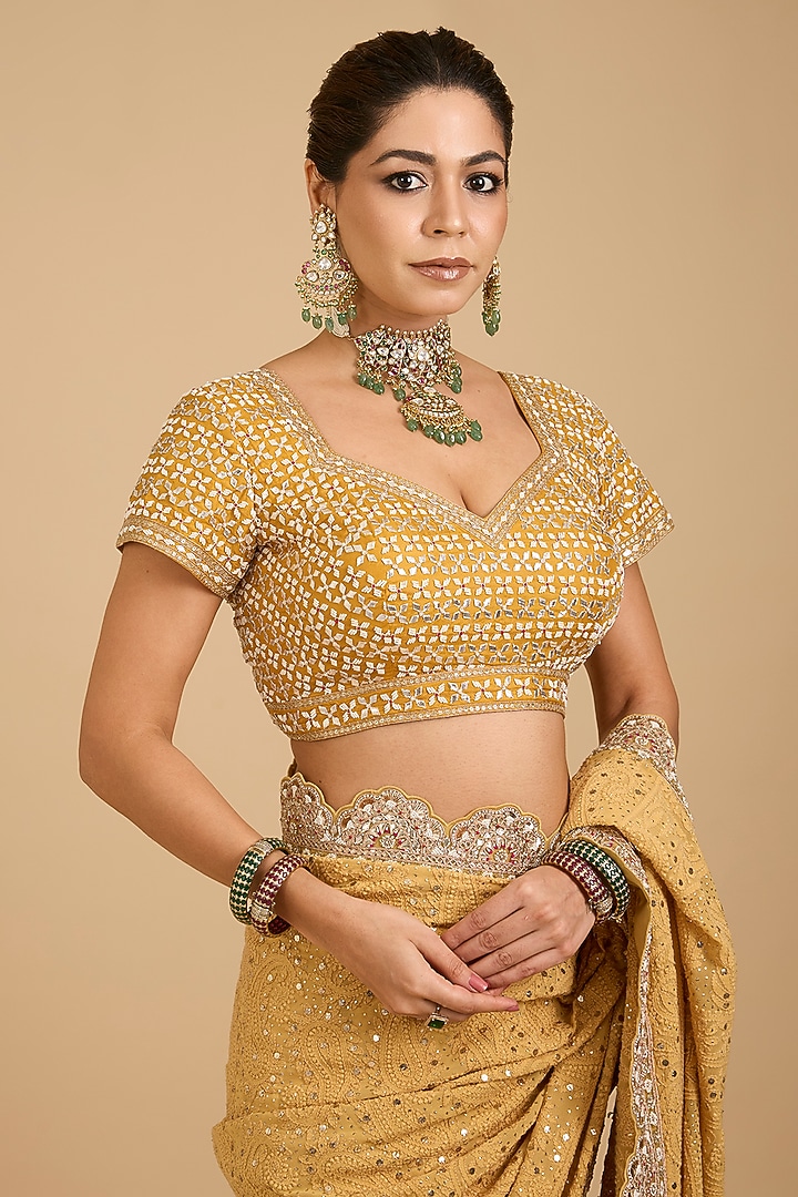 Yellow Chikankari Georgette Bridal Saree Set by Faabiiana at Pernia's Pop Up Shop