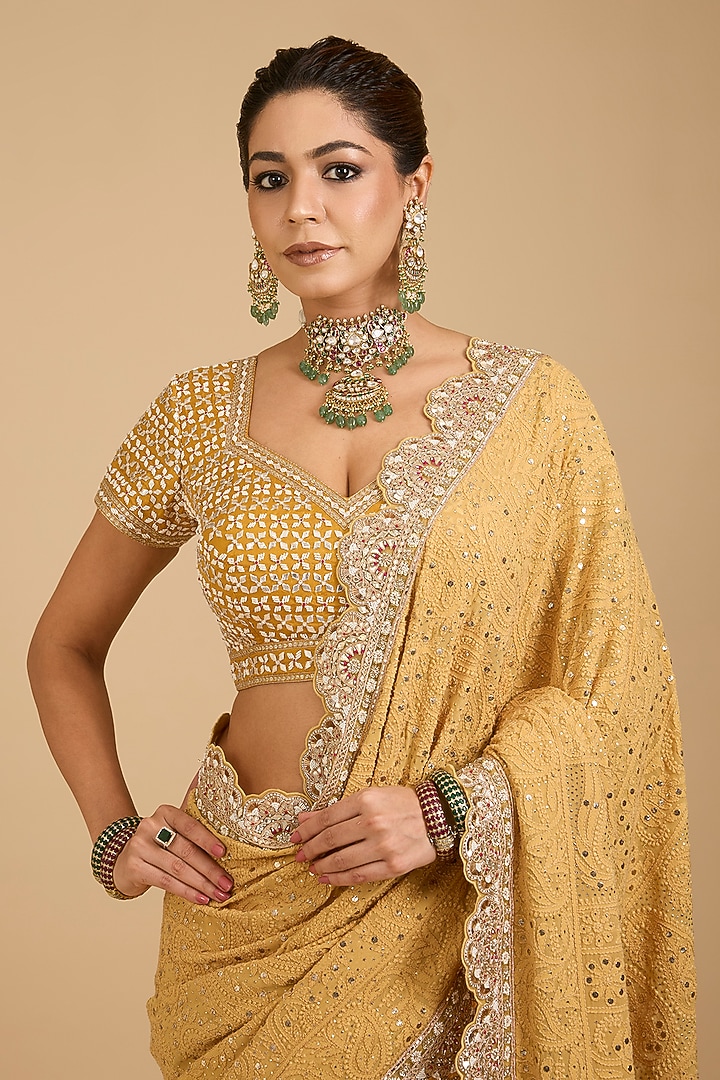 Yellow Chikankari Georgette Bridal Saree Set by Faabiiana at Pernia's Pop Up Shop