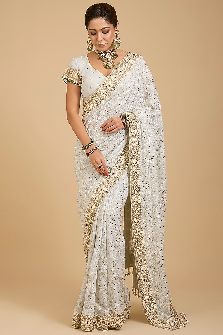 Ivory Georgette Chikankari Embroidered Bridal Saree Set by Faabiiana at Pernia's Pop Up Shop