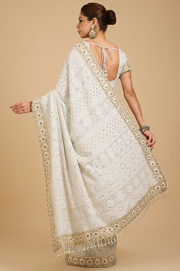 Ivory Georgette Chikankari Embroidered Bridal Saree Set by Faabiiana at Pernia's Pop Up Shop