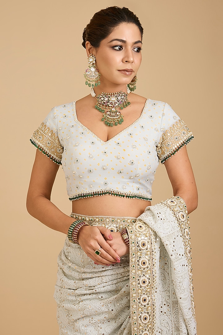 Ivory Georgette Chikankari Embroidered Bridal Saree Set by Faabiiana at Pernia's Pop Up Shop