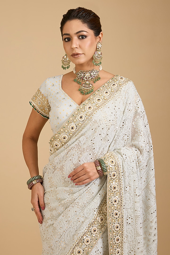 Ivory Georgette Chikankari Embroidered Bridal Saree Set by Faabiiana at Pernia's Pop Up Shop