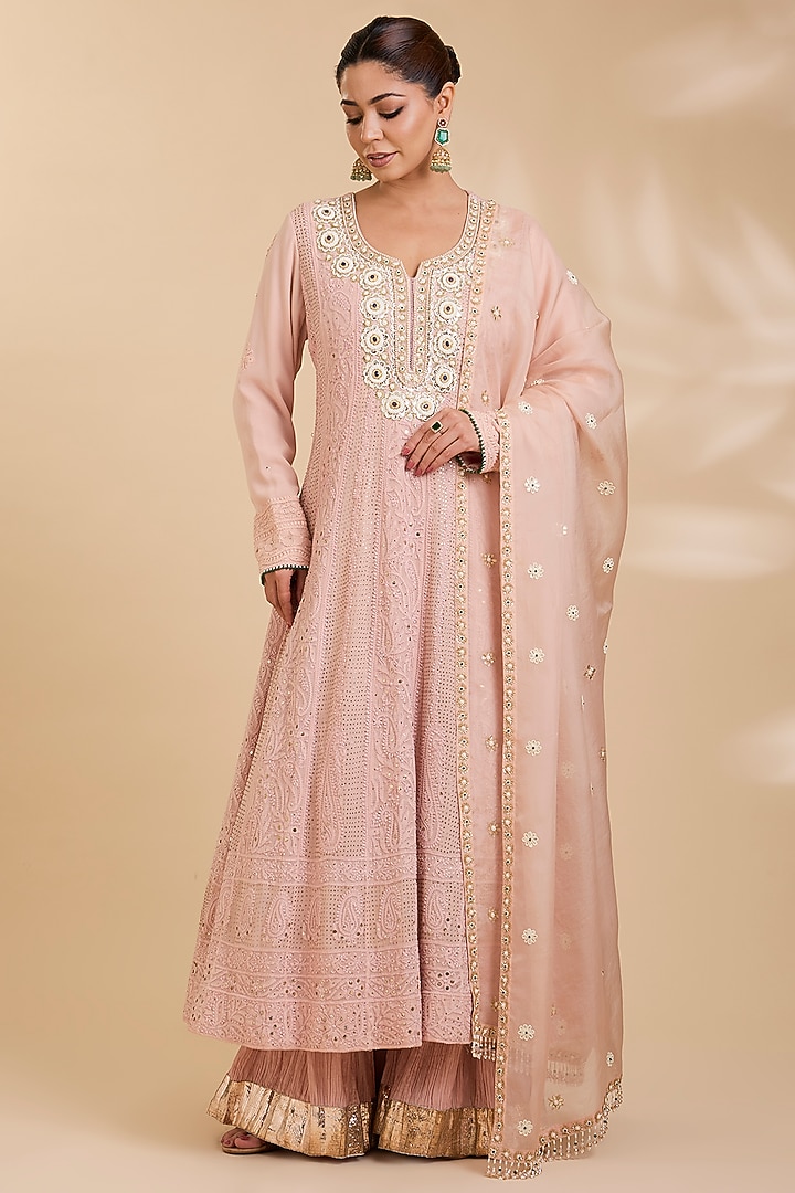Blush Pink Georgette Chikankari Bridal Anarkali Set by Faabiiana at Pernia's Pop Up Shop