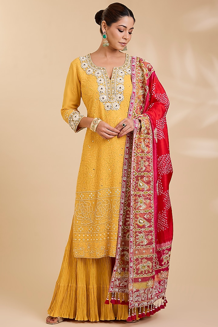 Yellow Georgette Chikankari Kurta Set by Faabiiana at Pernia's Pop Up Shop