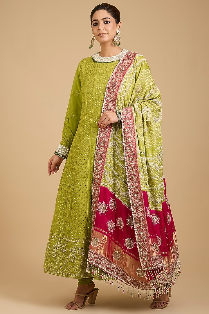 Green Georgette Chikankari Embroidered Bridal Anarkali Set by Faabiiana at Pernia's Pop Up Shop