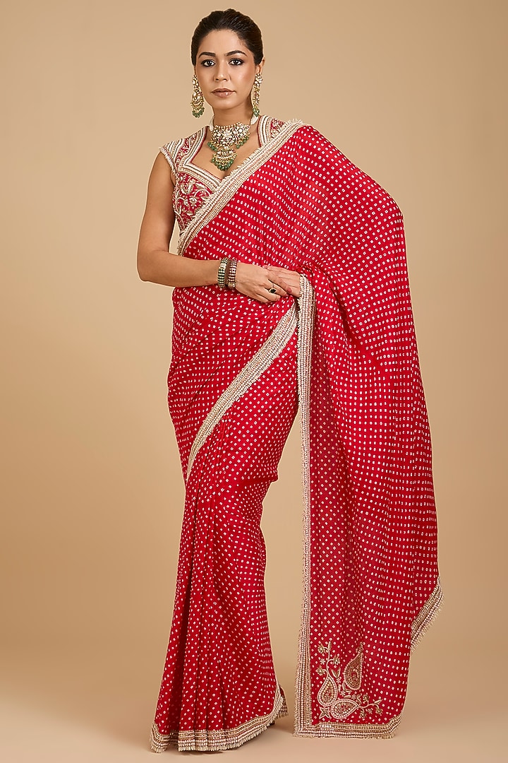 Red Gajji Silk Bandhani Printed & Pearl Work Bridal Saree Set by Faabiiana at Pernia's Pop Up Shop