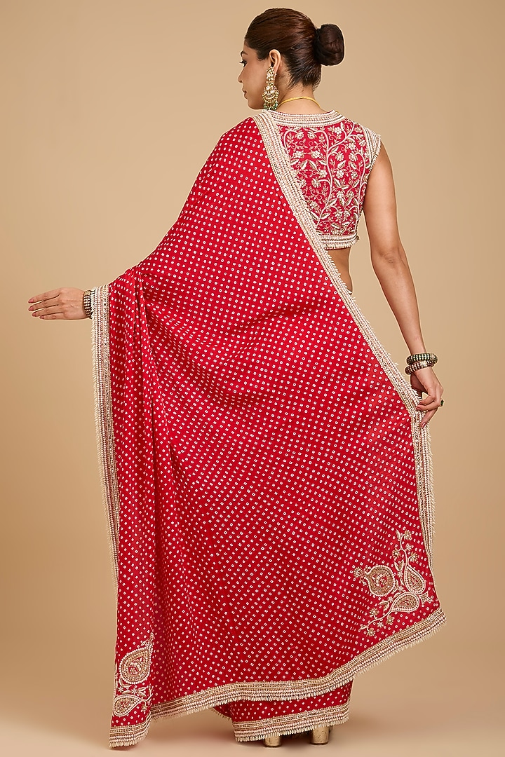 Red Gajji Silk Bandhani Printed & Pearl Work Bridal Saree Set by Faabiiana at Pernia's Pop Up Shop