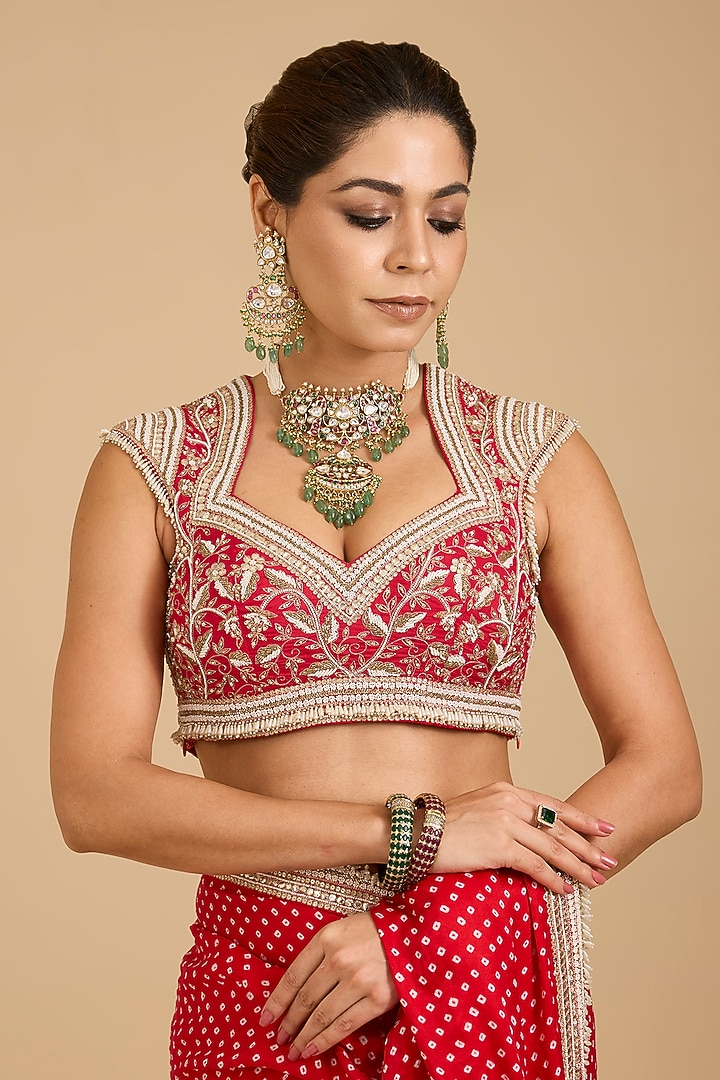 Red Gajji Silk Bandhani Printed & Pearl Work Bridal Saree Set by Faabiiana at Pernia's Pop Up Shop