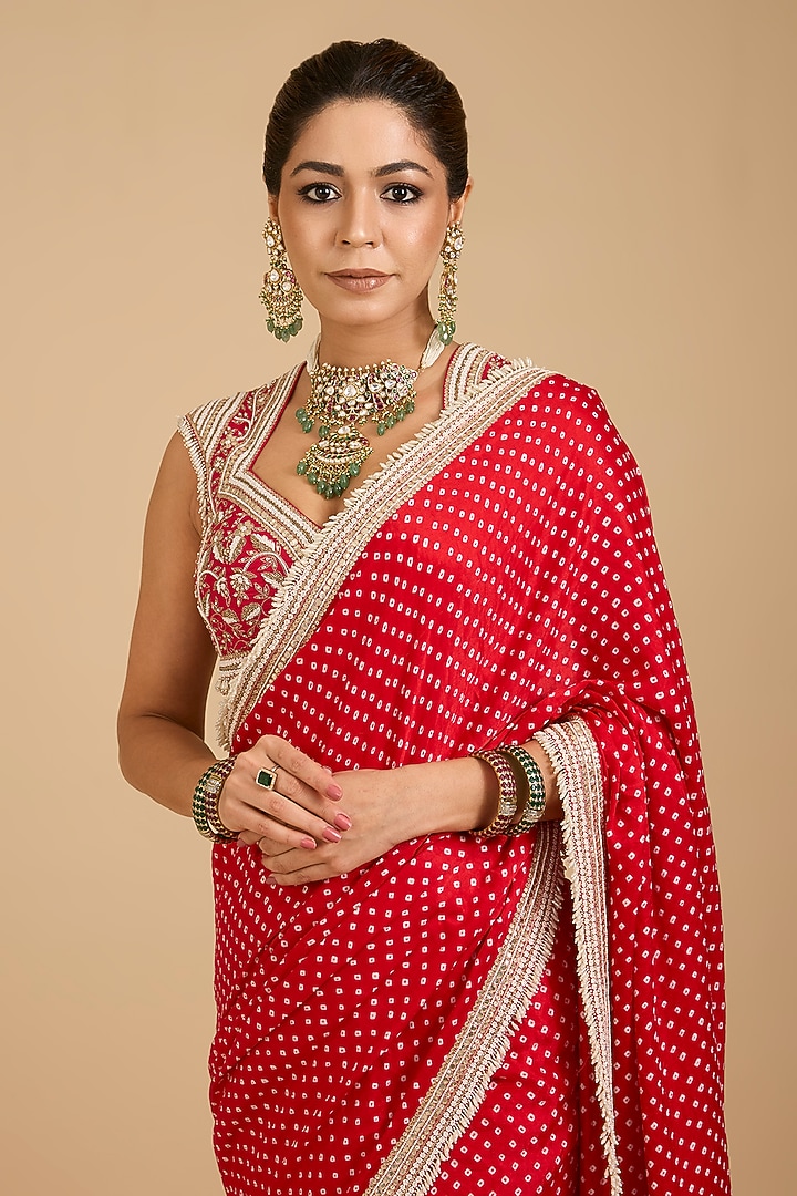Red Gajji Silk Bandhani Printed & Pearl Work Bridal Saree Set by Faabiiana at Pernia's Pop Up Shop