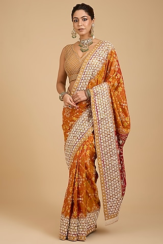 Orange & Red Patola Saree Set by faabiiana