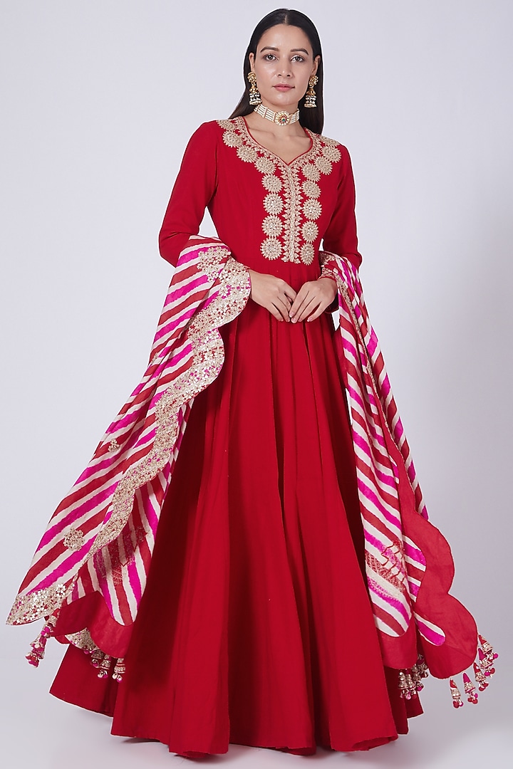 Red Anarkali With Leheriya Dupatta by Faabiiana