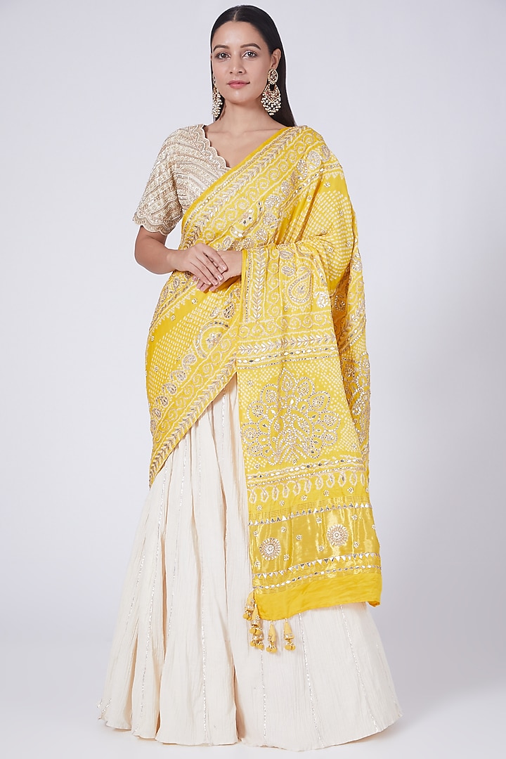 Off White & Yellow Embroidered Lehenga Saree Set by Faabiiana