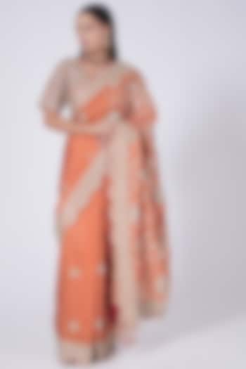 Orange Bandhej Embroidered Saree Set by Faabiiana