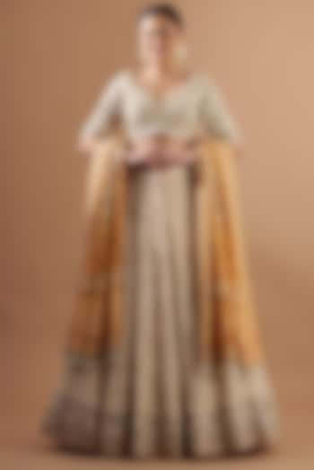 Beige Embroidered & Printed Lehenga Set by Faabiiana