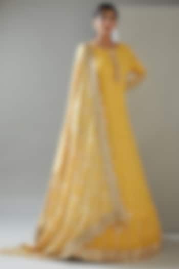 Yellow Embroidered & Printed Lehenga Set by Faabiiana