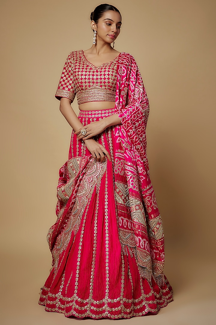 Rani Pink Silk Crushed Bridal Lehenga Set by Faabiiana at Pernia's Pop Up Shop