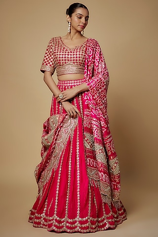 Rani Pink Silk Crushed Lehenga Set by Faabiiana