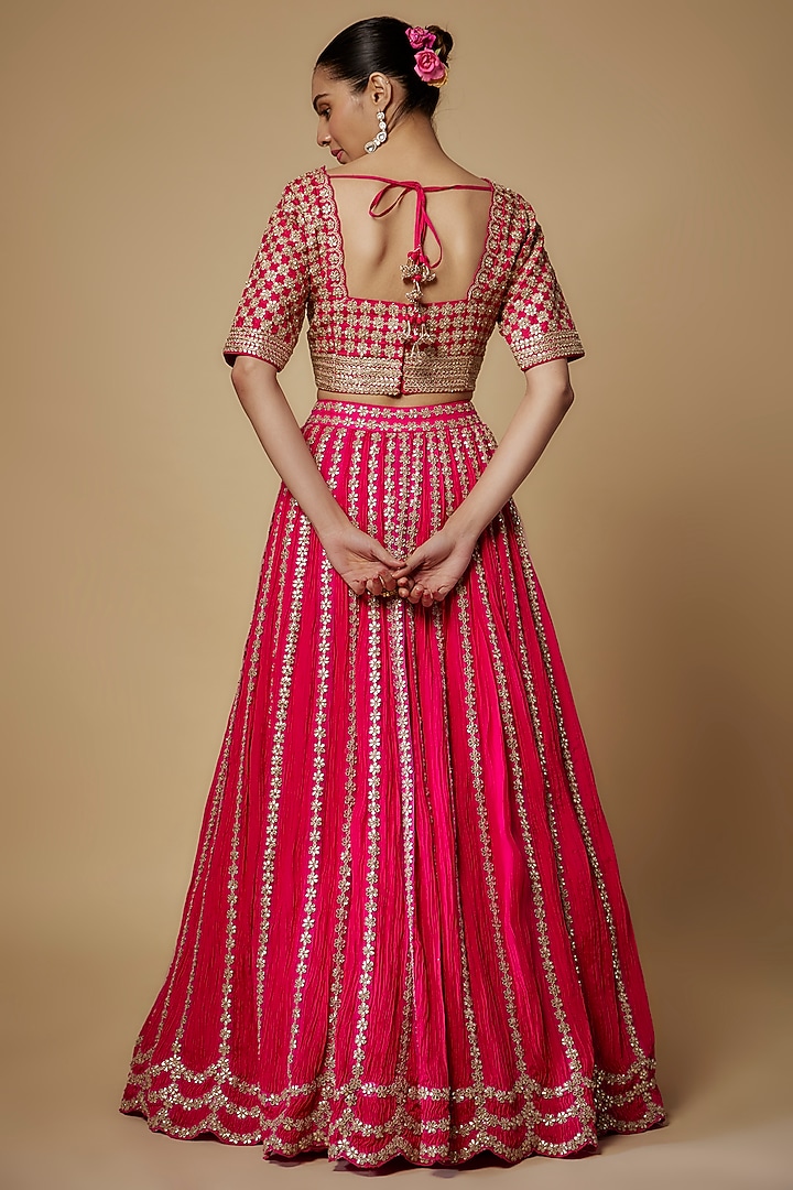 Rani Pink Silk Crushed Bridal Lehenga Set by Faabiiana at Pernia's Pop Up Shop