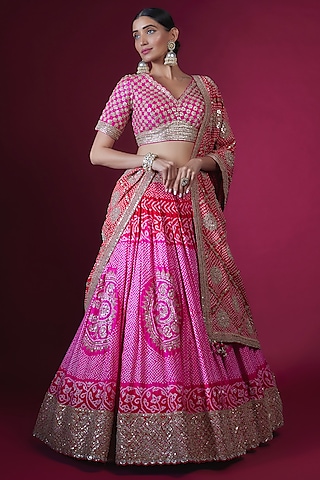Hot Pink Silk Bandhani Lehenga Set by Faabiiana