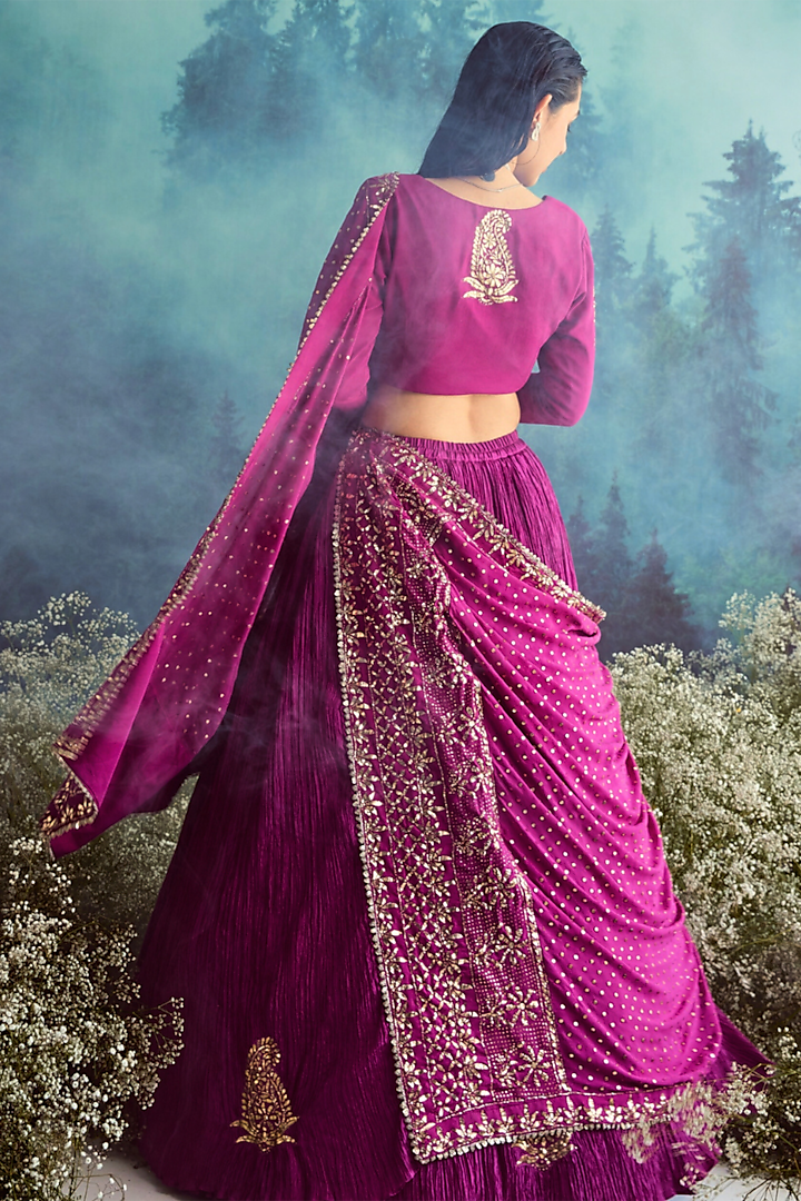 Purple Crushed Bridal Lehenga Saree Set by Faabiiana at Pernia's Pop Up Shop