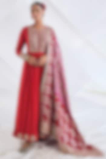 Red Chanderi Cotton Bridal Anarkali Set by Faabiiana at Pernia's Pop Up Shop