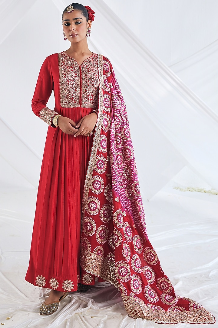 Red Chanderi Cotton Bridal Anarkali Set by Faabiiana at Pernia's Pop Up Shop