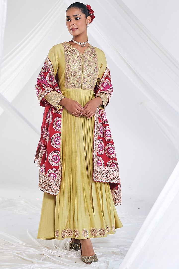 Mehendi Green Chanderi Cotton Bridal Anarkali Set by Faabiiana at Pernia's Pop Up Shop
