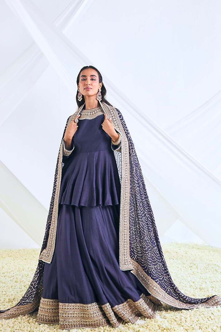 Navy Blue Moonga Silk Bridal Lehenga Set by Faabiiana at Pernia's Pop Up Shop