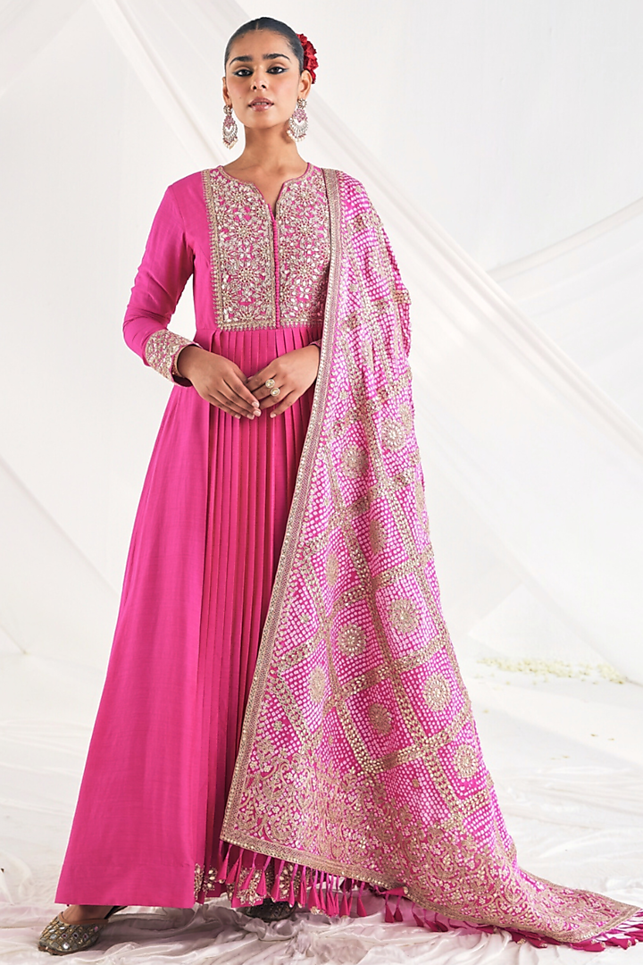 Hot Pink Chanderi Cotton Bridal Anarkali Set by Faabiiana at Pernia's Pop Up Shop