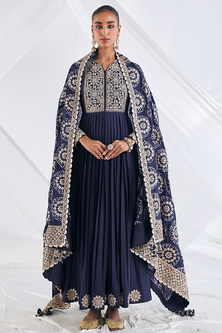 Navy Blue Chanderi Cotton Bridal Anarkali Set by Faabiiana at Pernia's Pop Up Shop