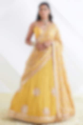 Mustard Yellow Crushed Bridal Lehenga Saree Set by Faabiiana at Pernia's Pop Up Shop