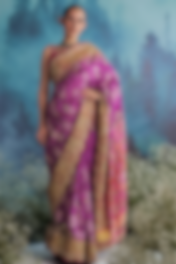 Purple & Pink Silk Bandhej Patola Saree Set by Faabiiana