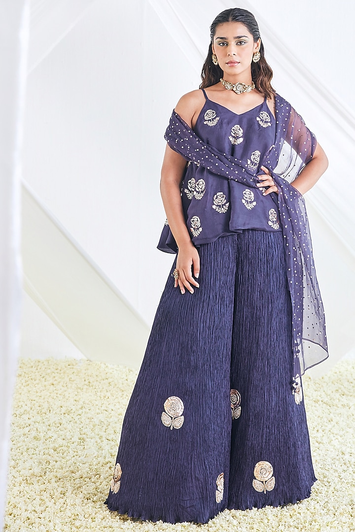 Navy Blue Crushed Silk Bridal Sharara Set by Faabiiana at Pernia's Pop Up Shop