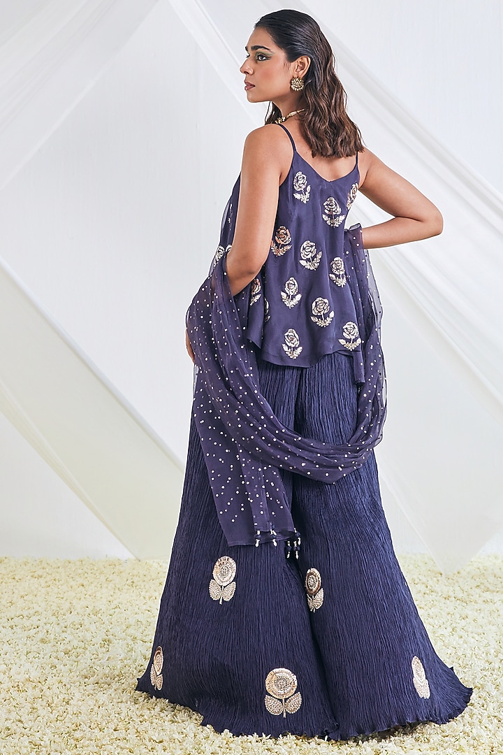 Navy Blue Crushed Silk Bridal Sharara Set by Faabiiana at Pernia's Pop Up Shop