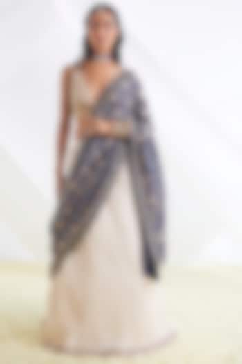 Off-White Crushed Cotton Bridal Lehenga Saree Set by Faabiiana at Pernia's Pop Up Shop