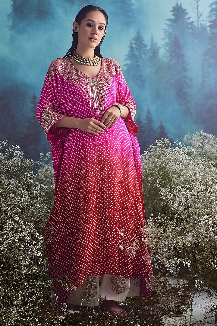 Pink & Red Silk Embroidered Bandhej Kaftan Set by Faabiiana at Pernia's Pop Up Shop