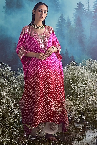 Pink & Red Silk Embroidered Bandhej Kaftan Set by Faabiiana