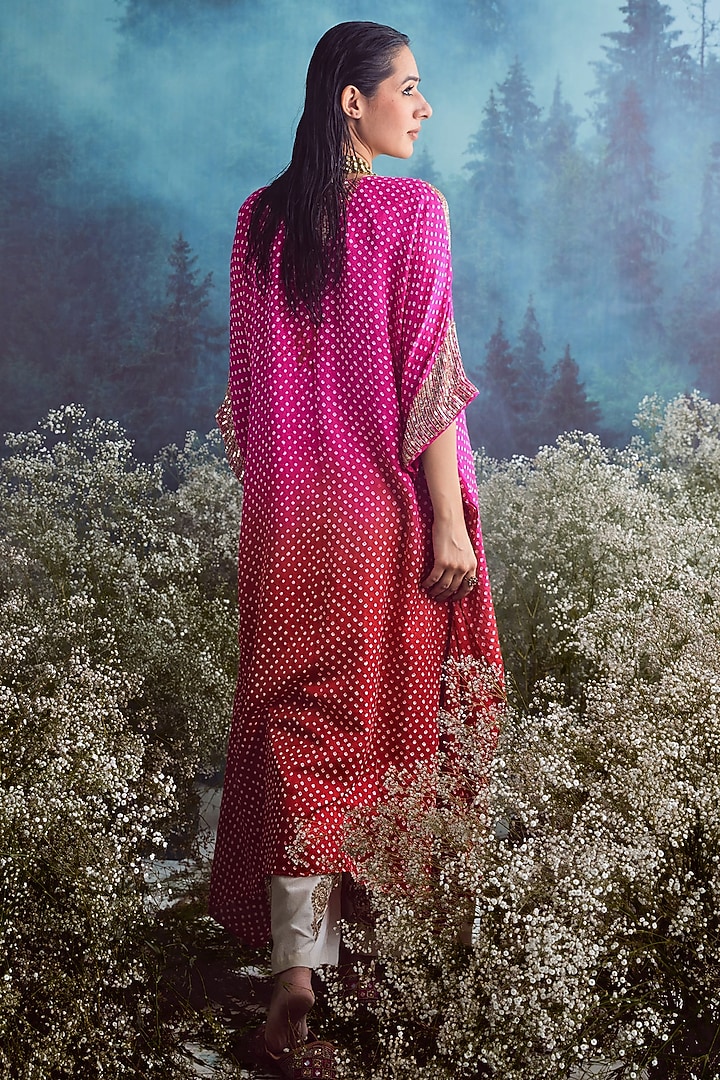 Pink & Red Silk Embroidered Bandhej Kaftan Set by Faabiiana at Pernia's Pop Up Shop