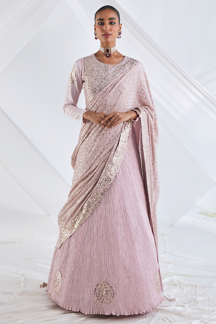 Lavender Crushed Silk Lehenga Saree Set by Faabiiana at Pernia's Pop Up Shop