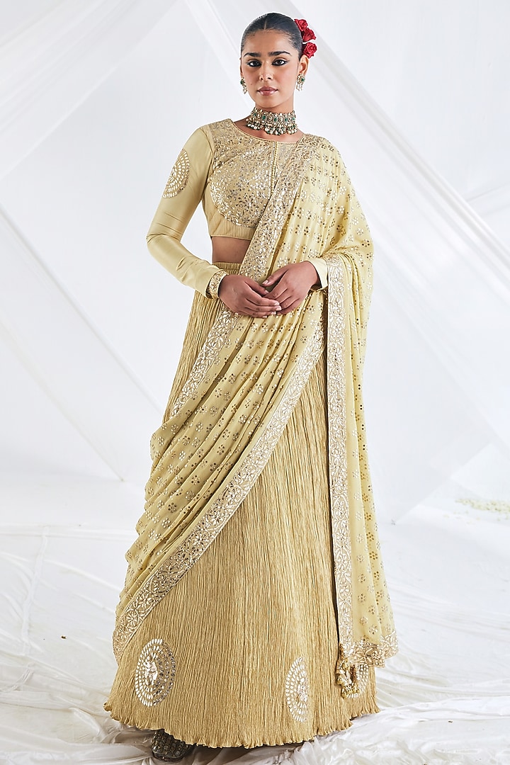 Beige Crushed Silk Bridal Lehenga Saree Set by Faabiiana at Pernia's Pop Up Shop