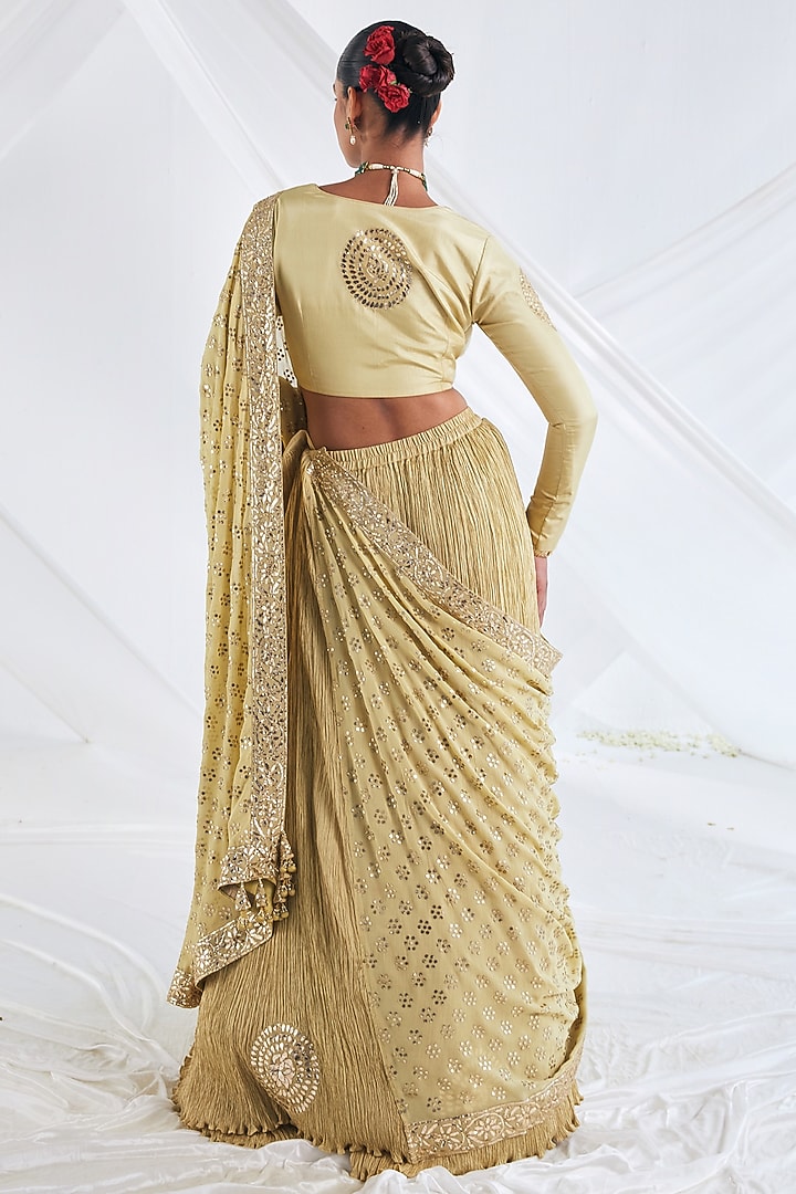 Beige Crushed Silk Bridal Lehenga Saree Set by Faabiiana at Pernia's Pop Up Shop
