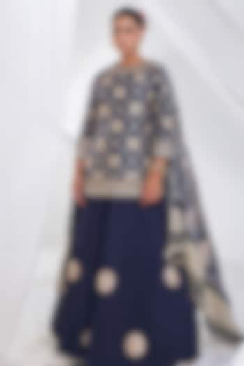 Navy Blue Crushed Silk Sharara Set by Faabiiana at Pernia's Pop Up Shop