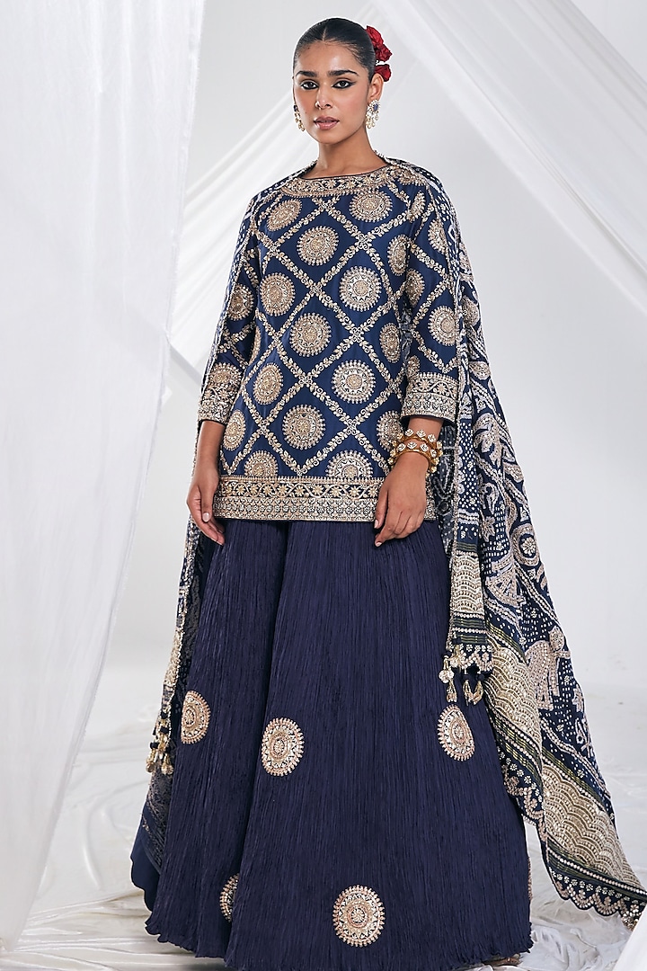 Navy Blue Crushed Silk Sharara Set by Faabiiana at Pernia's Pop Up Shop