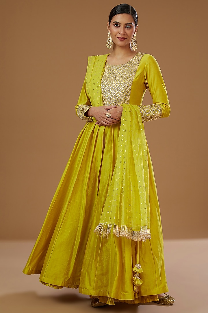 Yellow Silk Mukaish Embroidered Bridal Anarkali Set by Faabiiana at Pernia's Pop Up Shop