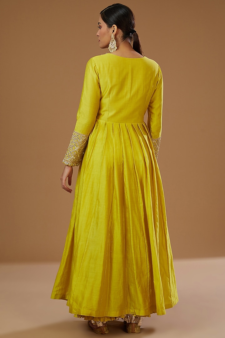 Yellow Silk Mukaish Embroidered Bridal Anarkali Set by Faabiiana at Pernia's Pop Up Shop