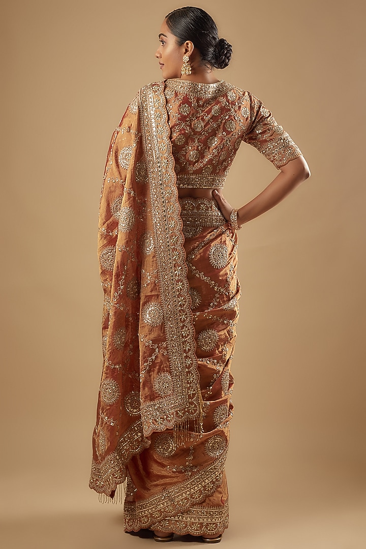 Rust Silk Embroidered Bridal Saree Set by Faabiiana at Pernia's Pop Up Shop