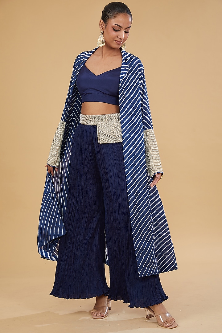 Navy Blue Crushed Silk Bandhani Jacket Set by Faabiiana at Pernia's Pop Up Shop