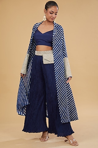 Navy Blue Crushed Silk Bandhani Jacket Set by Faabiiana