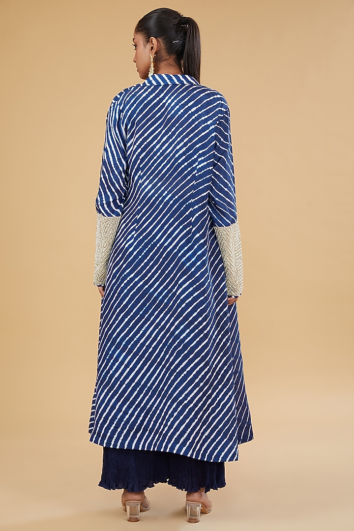 Navy Blue Crushed Silk Bandhani Jacket Set by Faabiiana at Pernia's Pop Up Shop