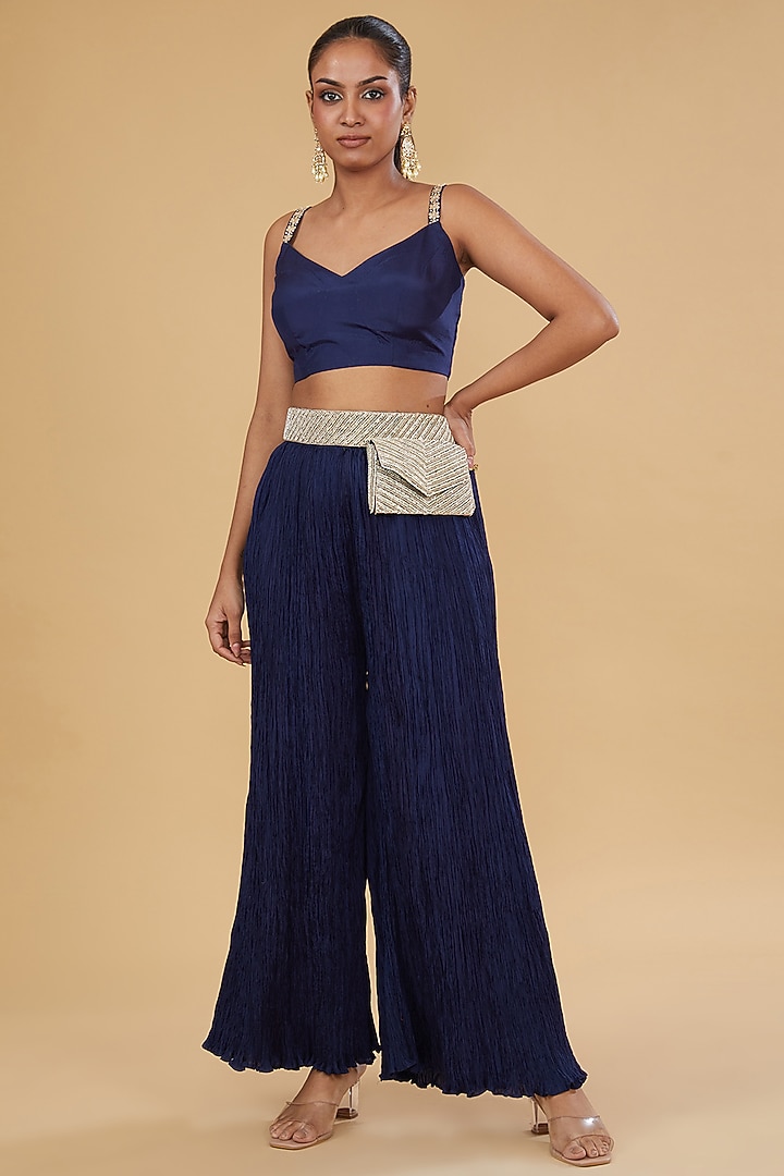 Navy Blue Crushed Silk Bandhani Jacket Set by Faabiiana at Pernia's Pop Up Shop